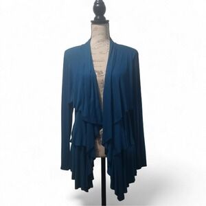 AB Studio Ruffle Waterfall Cardigan Women's Large Teal‎ Tiered Open Front Draped